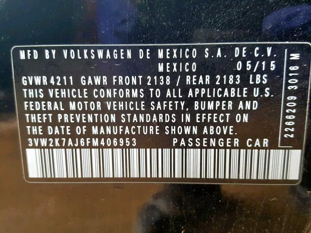 3VW2K7AJ6FM406953 - 2015 VOLKSWAGEN JETTA BASE 黑色 照片 10