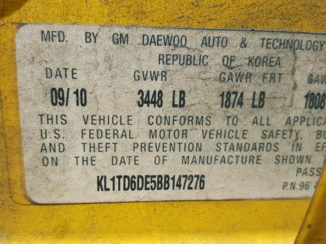 KL1TD6DE5BB147276 - 2011 CHEVROLET AVEO LS YELLOW photo 10