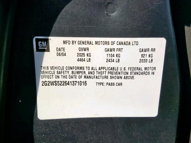 2G2WS522641371016 - 2004 PONTIAC GRAND PRIX GREEN photo 10