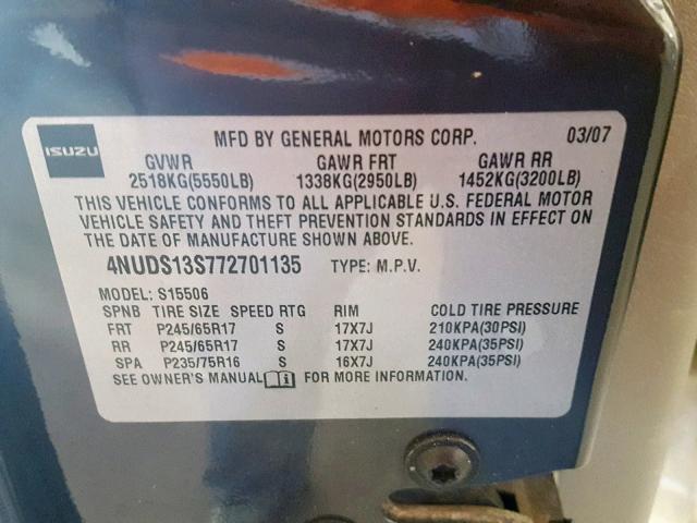 4NUDS13S772701135 - 2007 ISUZU ASCENDER S 灰色 照片 10