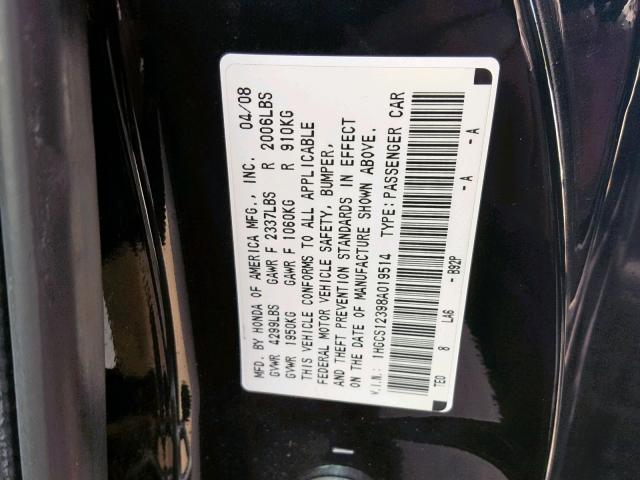 1HGCS12398A019514 - 2008 HONDA ACCORD LX- BLACK photo 10