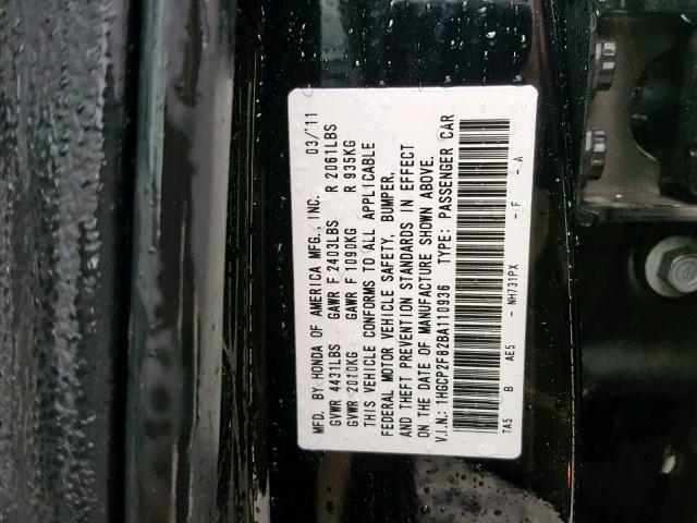 1HGCP2F82BA110936 - 2011 HONDA ACCORD EXL BLACK photo 10