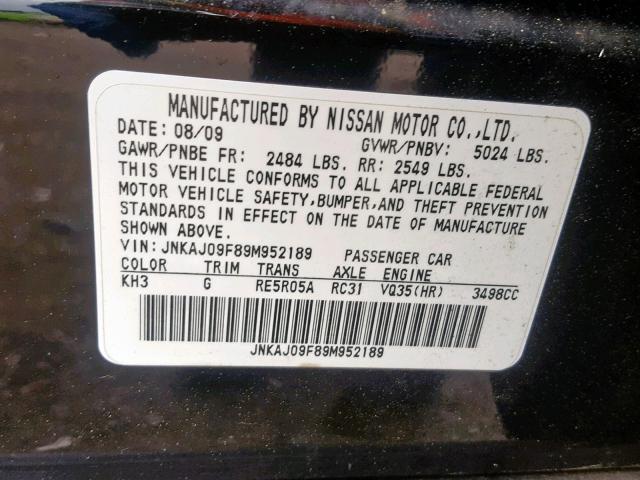 JNKAJ09F89M952189 - 2009 INFINITI EX35 BASE BLACK photo 10