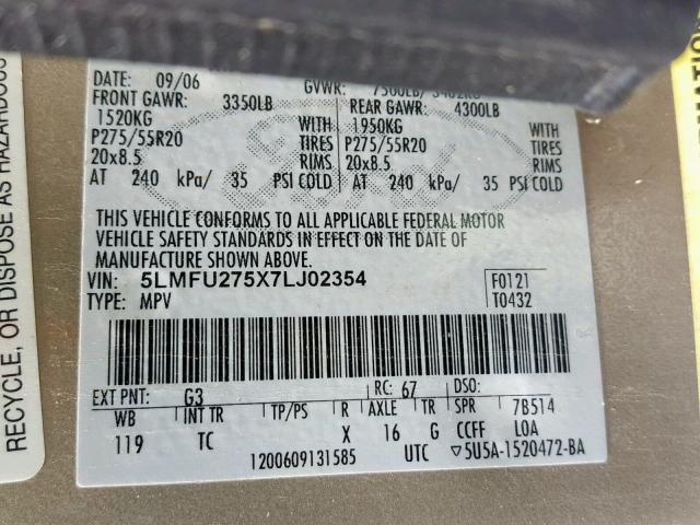 5LMFU275X7LJ02354 - 2007 LINCOLN NAVIGATOR GOLD photo 10