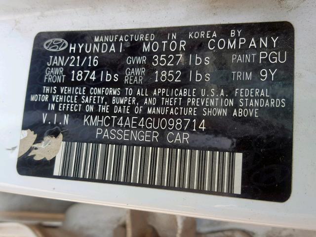 KMHCT4AE4GU098714 - 2016 HYUNDAI ACCENT SE WHITE photo 10