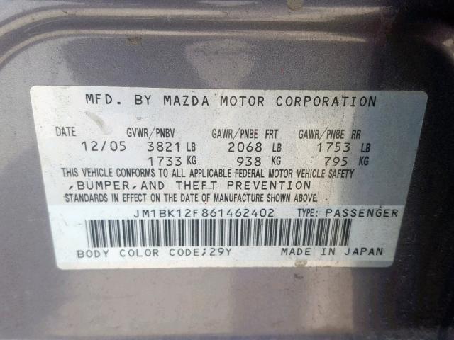 JM1BK12F861462402 - 2006 MAZDA 3 I SILVER photo 10