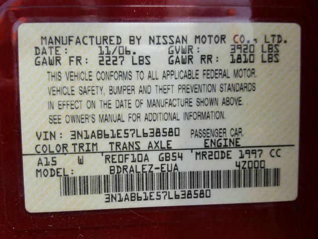 3N1AB61E57L638580 - 2007 NISSAN SENTRA 2.0 RED photo 10