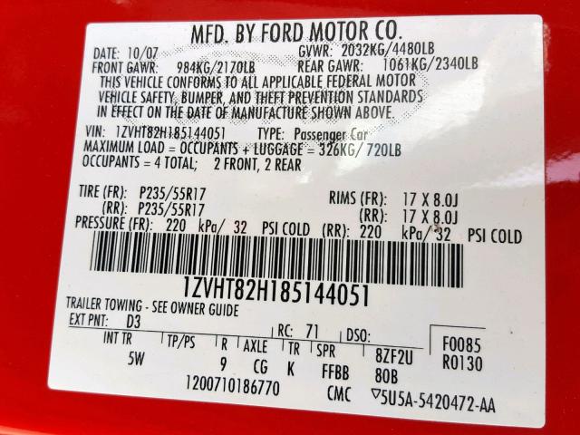 1ZVHT82H185144051 - 2008 FORD MUSTANG GT RED photo 10