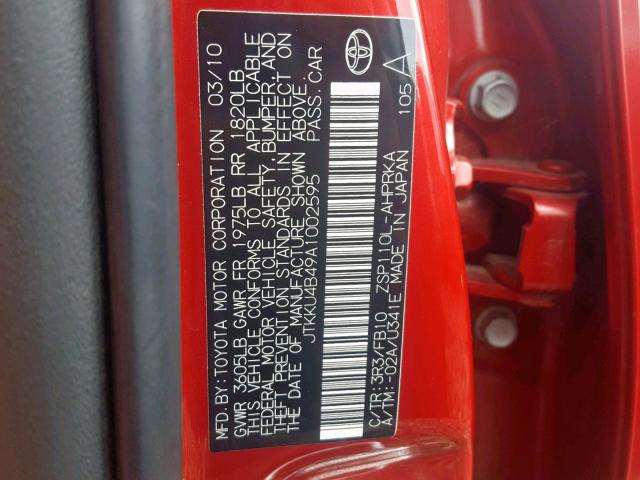 JTKKU4B49A1002595 - 2010 TOYOTA SCION XD RED photo 10