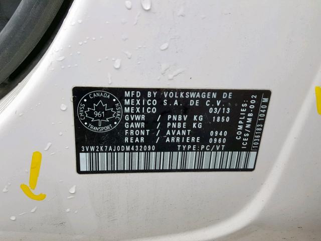 3VW2K7AJ0DM432090 - 2013 VOLKSWAGEN JETTA BASE 白色 照片 10