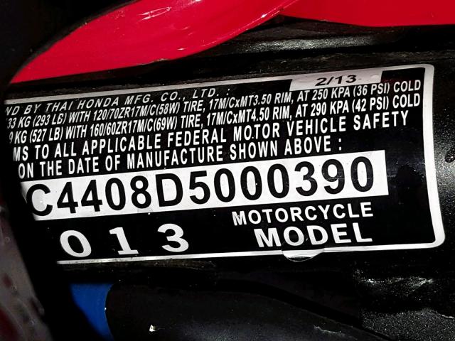 MLHPC4408D5000390 - 2013 HONDA CBR500 RA- RED photo 10