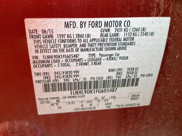 1LNHL9DK1FG605487 - 2015 LINCOLN MKS RED photo 10