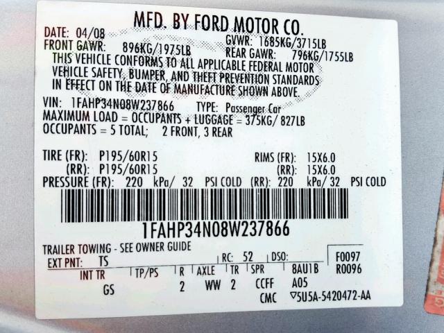 1FAHP34N08W237866 - 2008 FORD FOCUS S/SE SILVER photo 10