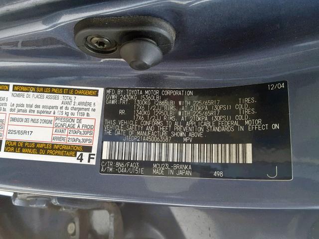 JTEDP21A450063587 - 2005 TOYOTA HIGHLANDER BLUE photo 10