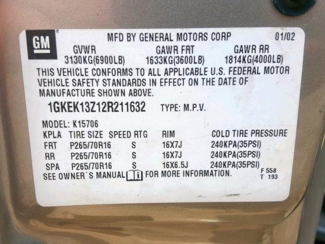 1GKEK13Z12R211632 - 2002 GMC YUKON TAN photo 10