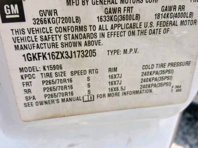 1GKFK16ZX3J173205 - 2003 GMC YUKON XL K WHITE photo 10