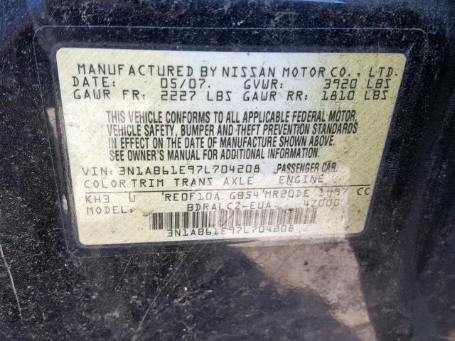 3N1AB61E97L704208 - 2007 NISSAN SENTRA 2.0 BLACK photo 10