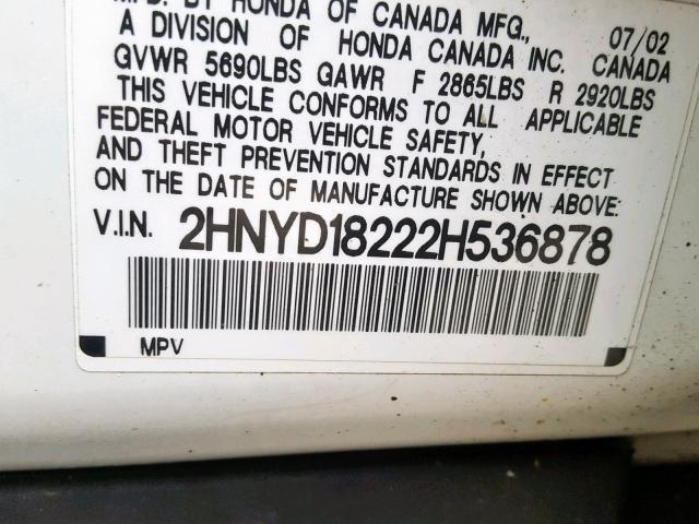 2HNYD18222H536878 - 2002 ACURA MDX WHITE photo 10