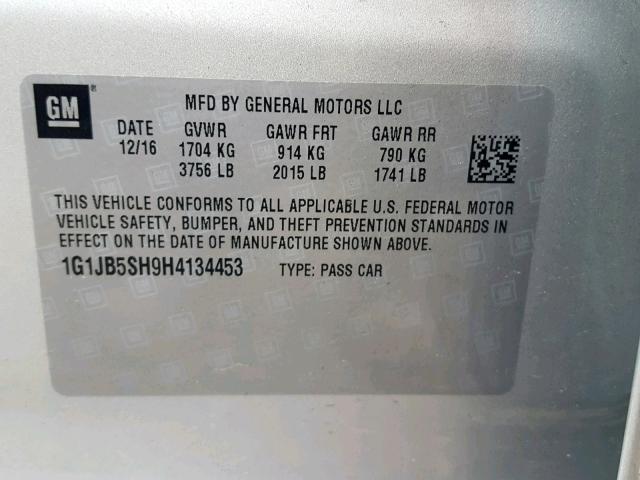 1G1JB5SH9H4134453 - 2017 CHEVROLET SONIC LS SILVER photo 10