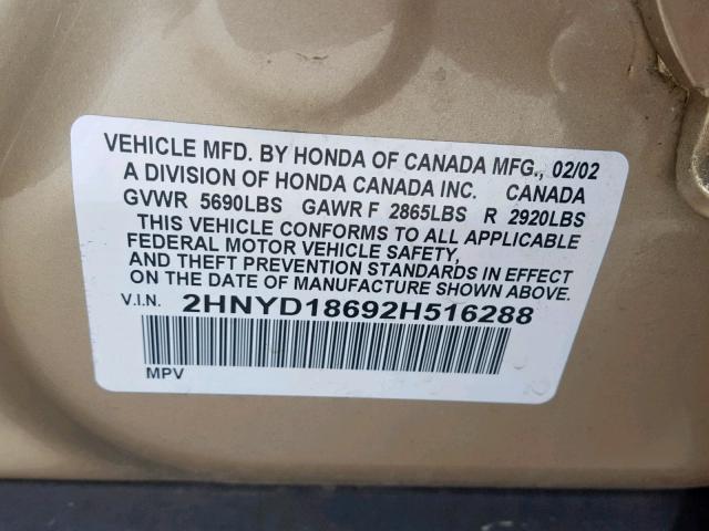 2HNYD18692H516288 - 2002 ACURA MDX TOURIN TAN photo 10