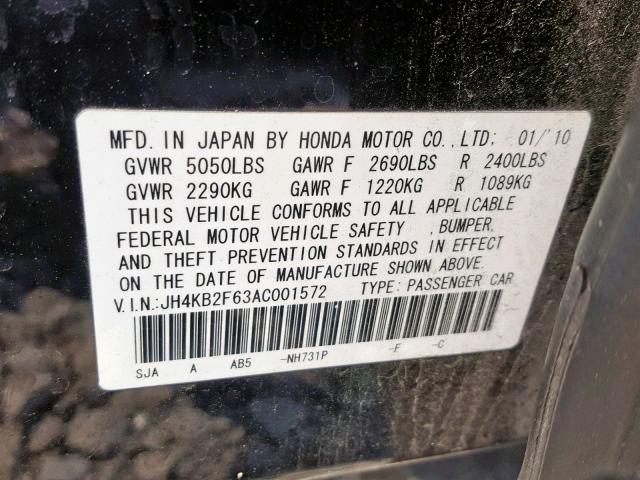 JH4KB2F63AC001572 - 2010 ACURA RL BLACK photo 10