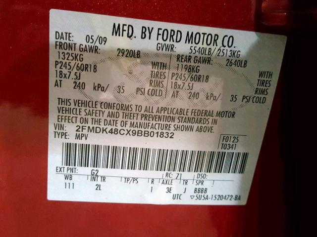 2FMDK48CX9BB01832 - 2009 FORD EDGE SEL RED photo 10