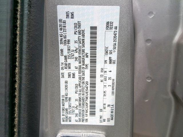 1FMCU0F79EUE54720 - 2014 FORD ESCAPE S SILVER photo 10