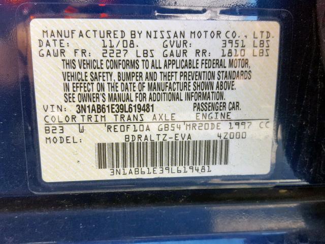 3N1AB61E39L619481 - 2009 NISSAN SENTRA 2.0 BLUE photo 10