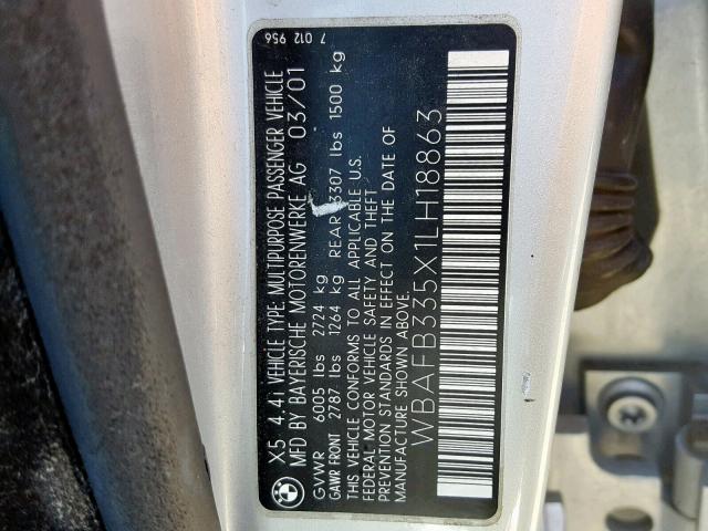 WBAFB335X1LH18863 - 2001 BMW X5 4.4I SILVER photo 10