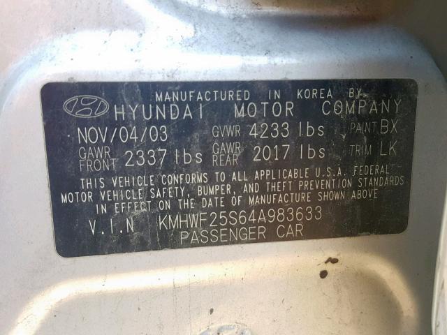 KMHWF25S64A983633 - 2004 HYUNDAI SONATA GL SILVER photo 10