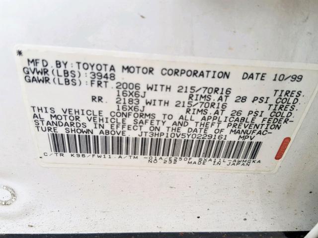 JT3HP10V5Y0229161 - 2000 TOYOTA RAV4 WHITE photo 10