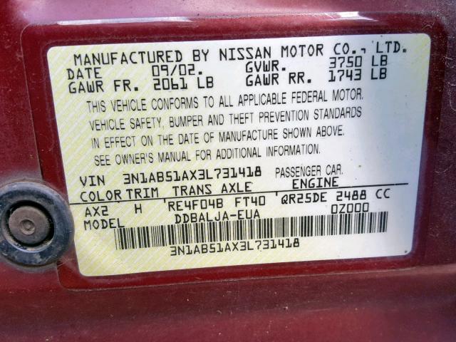 3N1AB51AX3L731418 - 2003 NISSAN SENTRA SE- BURGUNDY photo 10