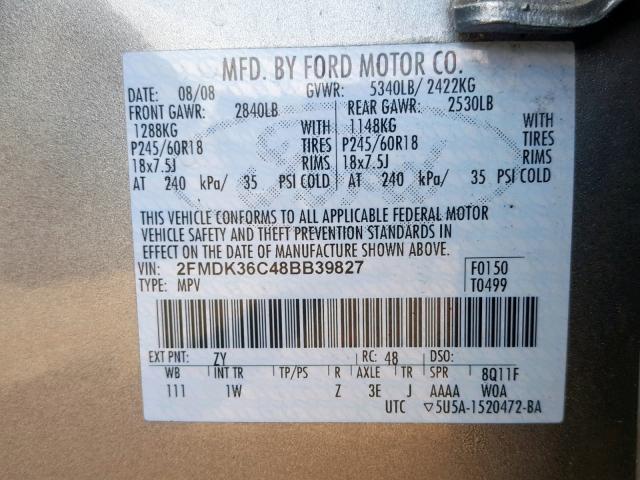 2FMDK36C48BB39827 - 2008 FORD EDGE SE SILVER photo 10