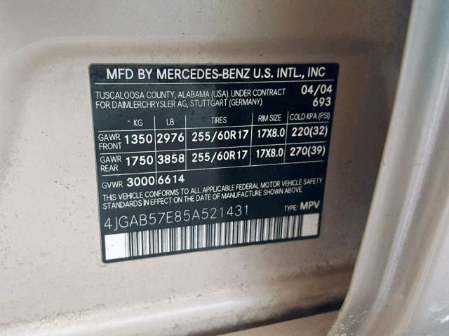 4JGAB57E85A521431 - 2005 MERCEDES-BENZ ML 350 GOLD photo 10