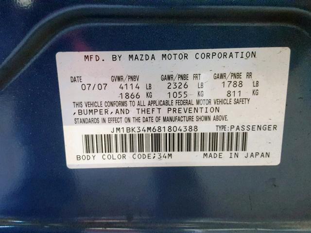 JM1BK34M681804388 - 2008 MAZDA SPEED 3 BLUE photo 10