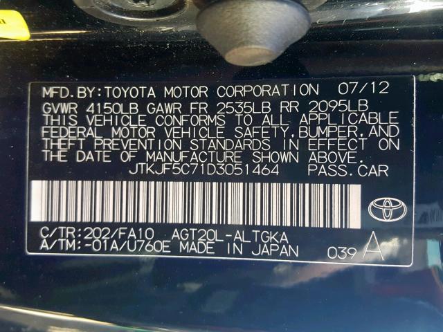 JTKJF5C71D3051464 - 2013 TOYOTA SCION TC BLACK photo 10