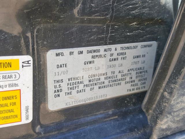 KL1TD66608B151573 - 2008 CHEVROLET AVEO BASE Қара фото 10