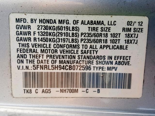 5FNRL5H94CB072596 - 2012 HONDA ODYSSEY TO SILVER photo 10