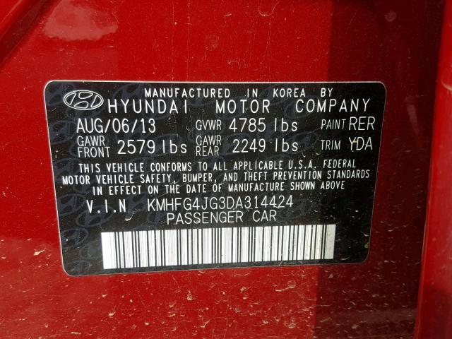 KMHFG4JG3DA314424 - 2013 HYUNDAI AZERA RED photo 10