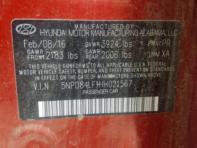 5NPD84LF1HH021567 - 2017 HYUNDAI ELANTRA RED photo 10