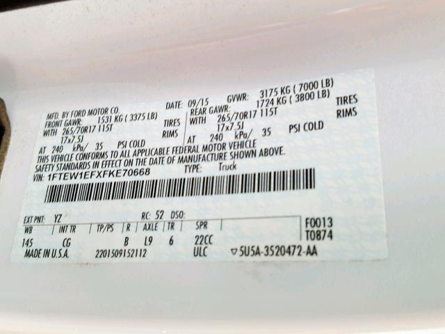 1FTEW1EFXFKE70668 - 2015 FORD F150 SUPER WHITE photo 10