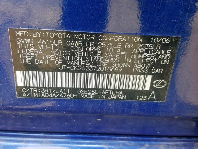 JTHCK262372010689 - 2007 LEXUS IS 250 BLUE photo 10