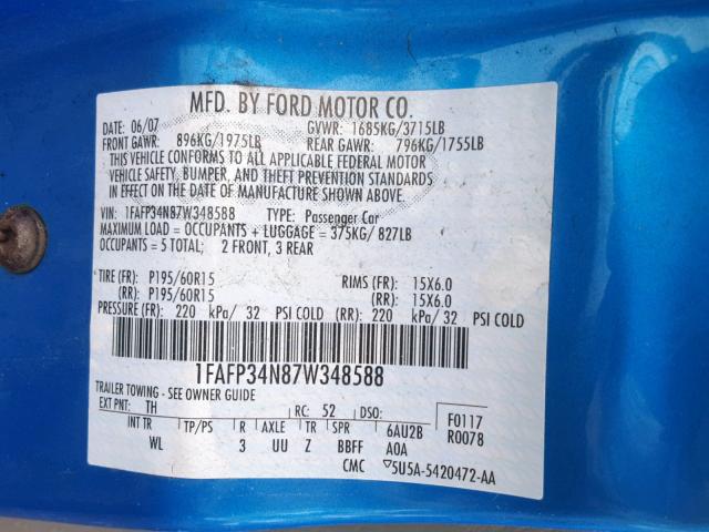 1FAFP34N87W348588 - 2007 FORD FOCUS ZX4 BLUE photo 10