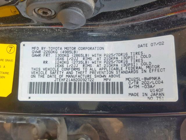 JTEHF21A820092722 - 2002 TOYOTA HIGHLANDER BLACK photo 10