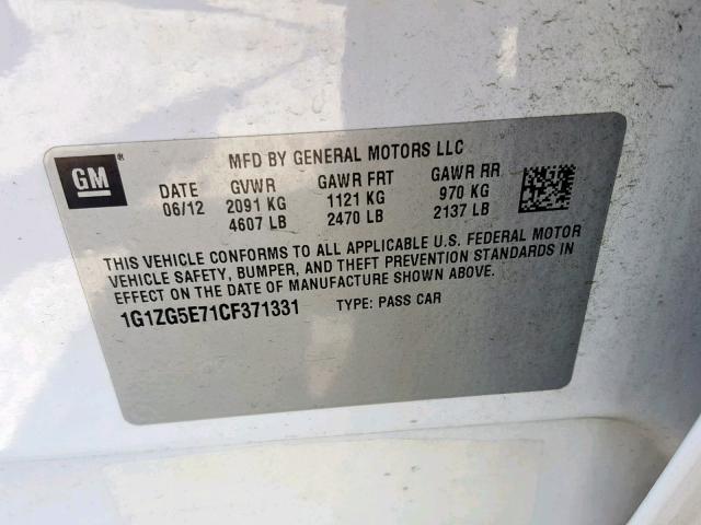 1G1ZG5E71CF371331 - 2012 CHEVROLET MALIBU LTZ თეთრი ფოტო 10