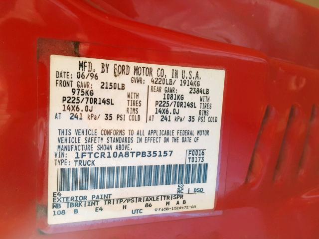 1FTCR10A8TPB35157 - 1996 FORD RANGER RED photo 10
