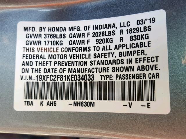 19XFC2F81KE034033 - 2019 HONDA CIVIC SPOR BLUE photo 10