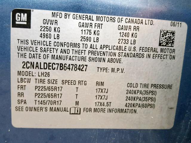 2CNALDEC7B6478427 - 2011 CHEVROLET EQUINOX LT BLUE photo 10