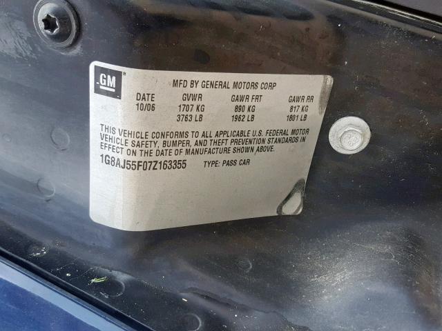 1G8AJ55F07Z163355 - 2007 SATURN ION LEVEL BLUE photo 10