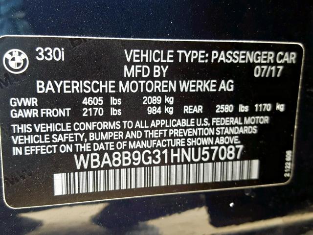 WBA8B9G31HNU57087 - 2017 BMW 330 I BLUE photo 10